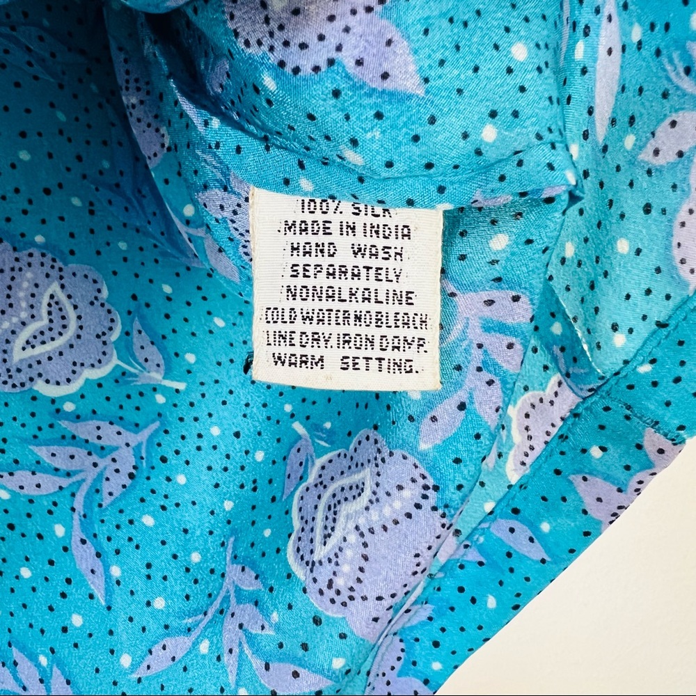 Vintage royal silk turquoise floral print polka dot blouse top - Picture 10 of 10